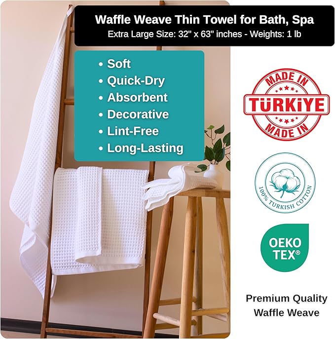 PÜSKÜL Premium Waffle Bath Towels Set of 2 - Organic 100% Turkish Cotton Bath Towel - Quick Dry, Absorbent, Light, Thin, 32x63 Large Waffle Towels for Bathroom (White Bath Towels - Pack of 2)