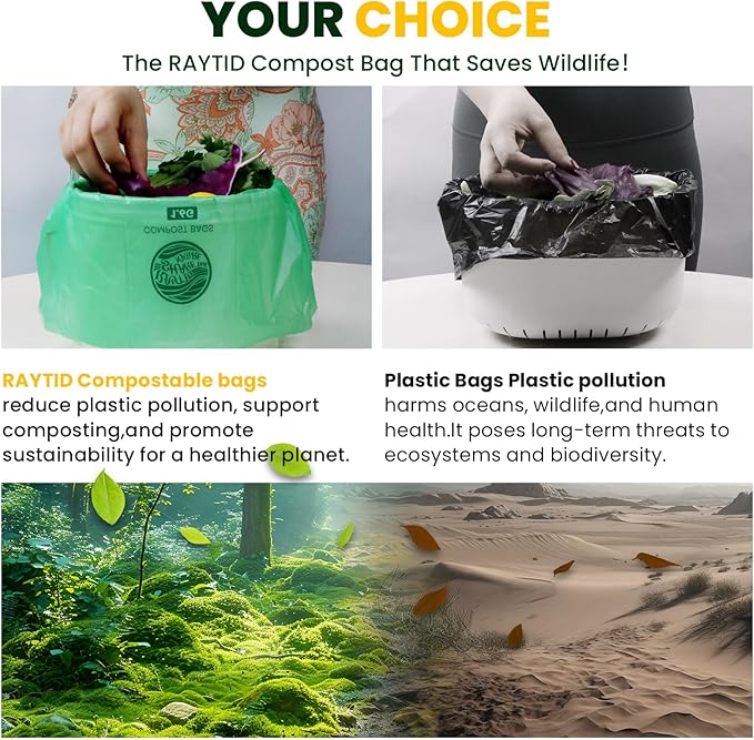 RAYTID 150 Counts 1.6 Gallon (1.6-1.75-2 Gal) Compost bin kitchen Bags, Fit 4.5,6,7,8 Liters,Strong compost bags for countertop bin,ASTM D6400, US BPI and Europe OK compost HOME certified