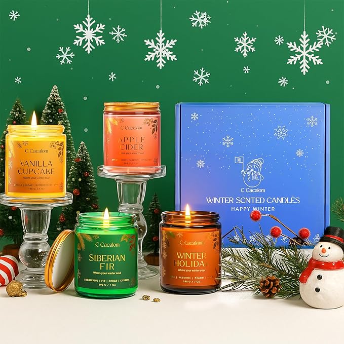 4Pack/28oz Christmas Soy Candle Gift Set, Non-Toxic Holiday Candles, Aromatherapy Scented Candles for Holiday Gifts, Vinilla/Lavender/Baslam/Cookies Jar Candle, Winter Candle Set for Women Men