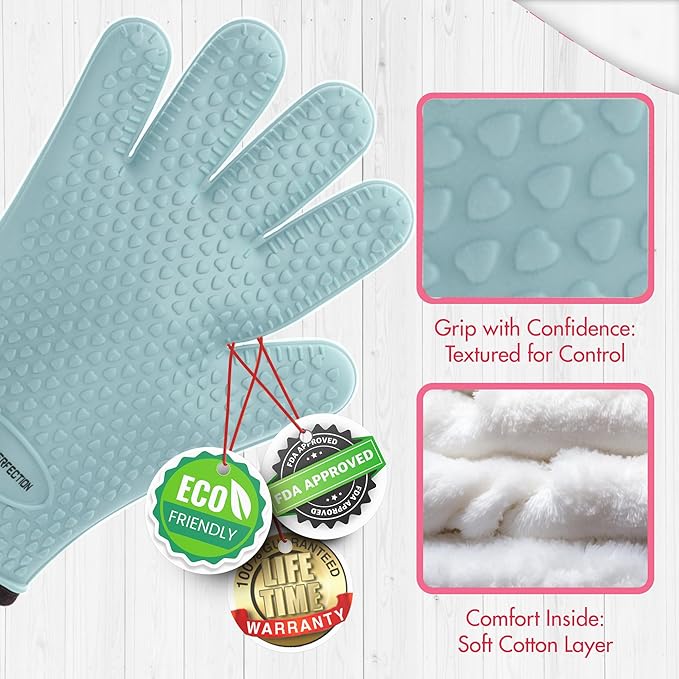 KITCHEN PERFECTION Silicone Smoker Oven Gloves For Women -Extreme Heat Resistant BBQ Gloves -Handle Hot Food Right on Your Smoker Grill Fryer|Waterproof Oven Mitts Grill Gloves |Superior Set+3 Bonuses