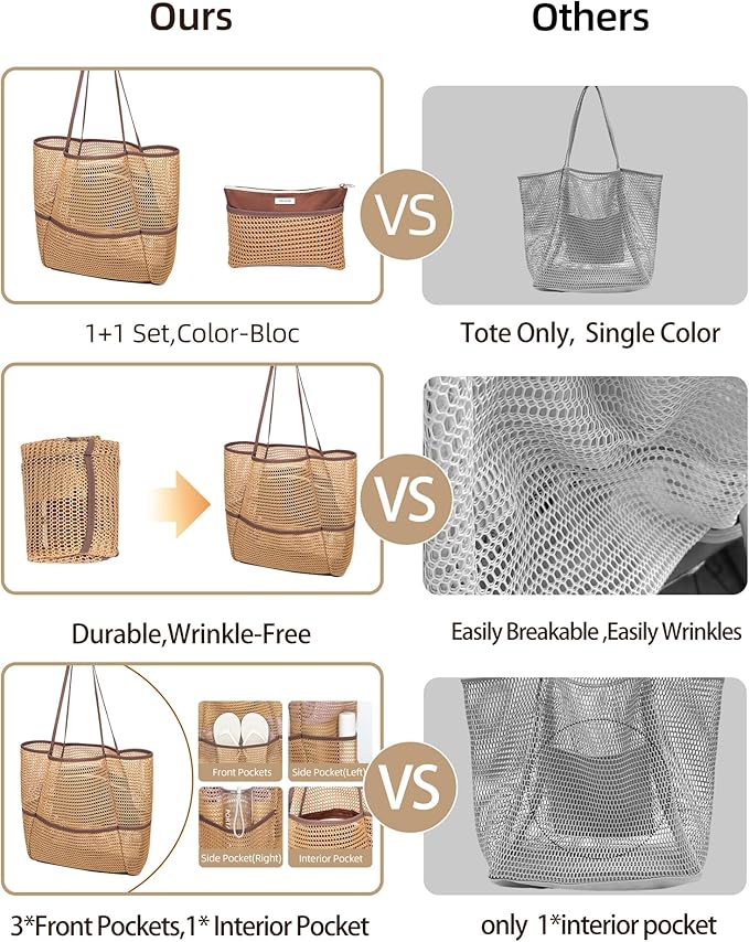 Mesh Beach Tote Bag Packable,2025 New 2-in-1 Large Lightweight Foldable Beach Bags with Multiple Pockets for Women