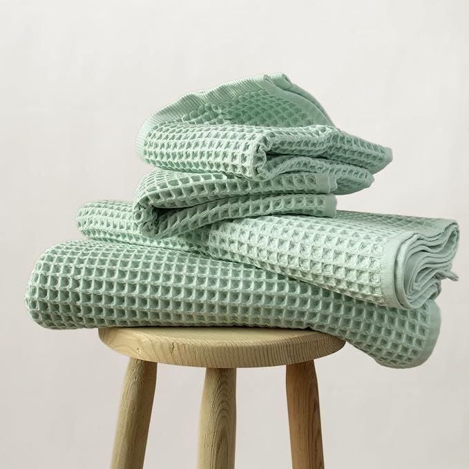 PÜSKÜL - Premium Waffle Towel Set 4 Pieces Ice Green - Organic 100% Turkish Cotton Quick-Dry Towels for Bathroom Made in Turkiye (Ice Green, Towel Set - 2 Hand & 2 Bath Towels)