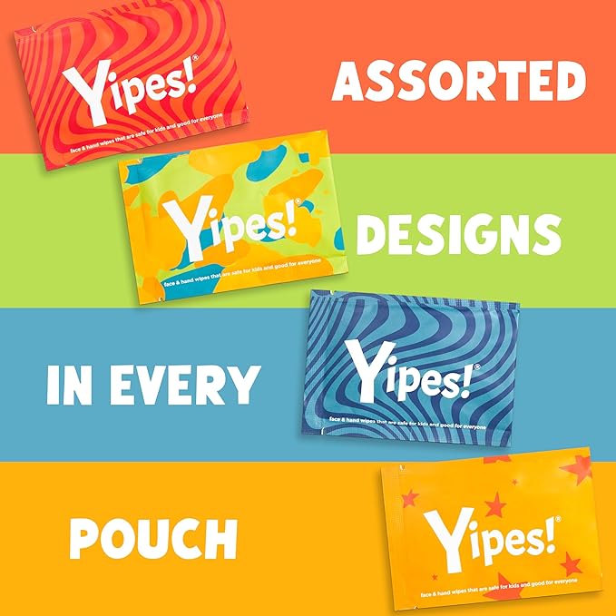 Yipes! Kids Face and Hand Wipes | Compostable Wet Wipes for Sensitive Skin | Individually Wrapped | Classroom Must Haves | Travel Essentials | For Backpacks, Lunchboxes, Classroom Supplies | 4 pack