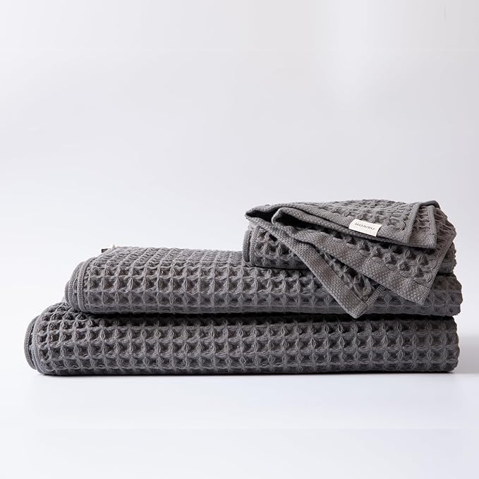 Luxury Japanese Cotton Silk Waffle Bath Towel | Plush, Absorbent, and Quick Dry | Free Storage Bag Included (Smoke Grey, Complete Towel Set (4-Piece))