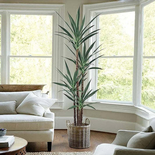 Artificial Agave Plant 6FT with 60 Leaves & 4 Trunks & Elegant Black Pot Realistic Tall Large Fake Faux Modern Tree 70 Inch for Indoor Home Office Porch Mall School Decor Housewarming Gift