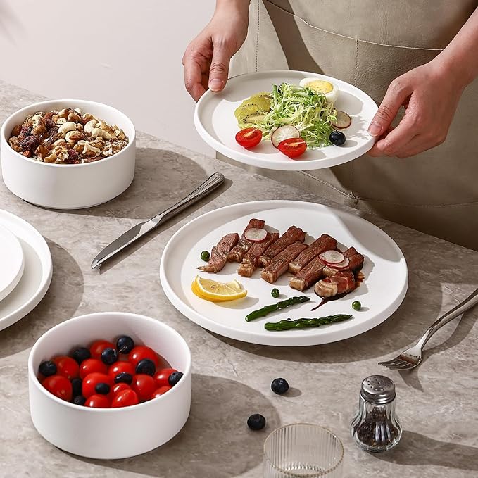 GZG Classic Series - Plates and Bowls Set for 4, 12 Piece Stoneware Dinnerware Sets, Microwave and Dishwasher Safe Lead-Free Handcrafted Ceramic Dishes Set - Ivory White