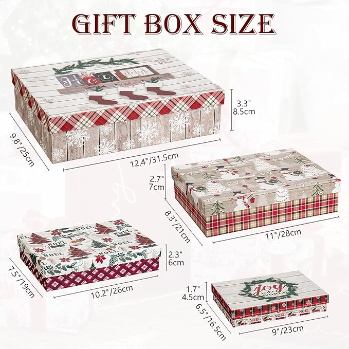 Christmas Gift Boxes with Lids for Presents Set of 4 Gift Boxes Bulk White in Assorted Designs Wrapping Robe Boxes Large White Red and Green Xmas Gift Boxes for Christmas Birthdays Wedding Wrap Gifts