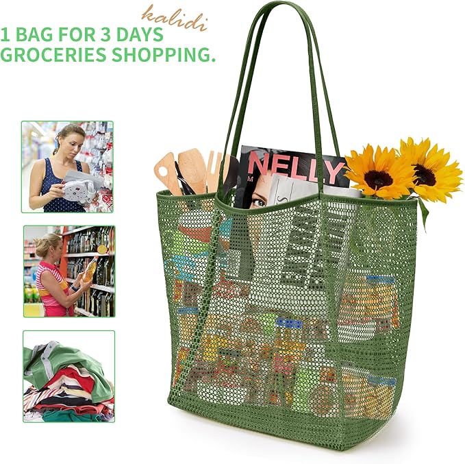 KALIDI BeachNylon Mesh Tote Bag, Casual Tote Bag Hobo Women Foldable MAX 23L Shoulder Bag For Beach Picnic Vacation