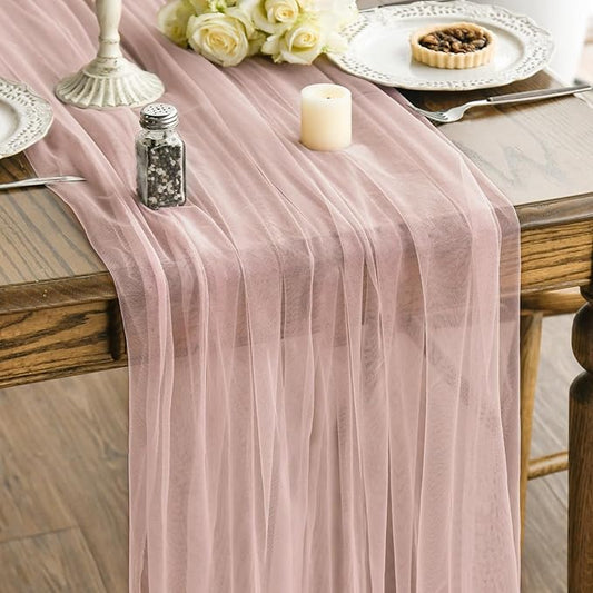 Artoid Mode 6PCS Dusty Rose Gauze Table Runner 120 Inch 10FT, Seasonal Sheer Kitchen Dining Holiday Wedding Birthday Baby Shower Table Decor for Home Party