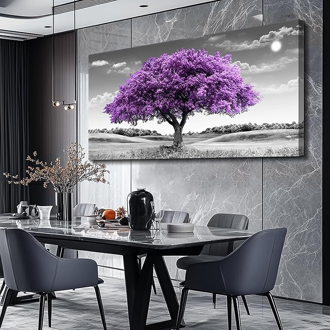 Canvas Wall Art for Living Room Large Wall Decor for Office Modern Bedroom Decorations Purple Tree Landscape Pictures Black and White Paintings Artwork Room Wall Mural Farmhouse Home Decor