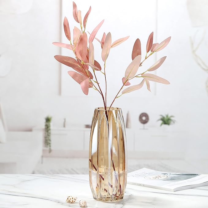 Amber Glass Vase - Modern Tall/Short Ribbed Vase for Flowers & Candles - Amber H11.8" Centerpiece HomeDecor