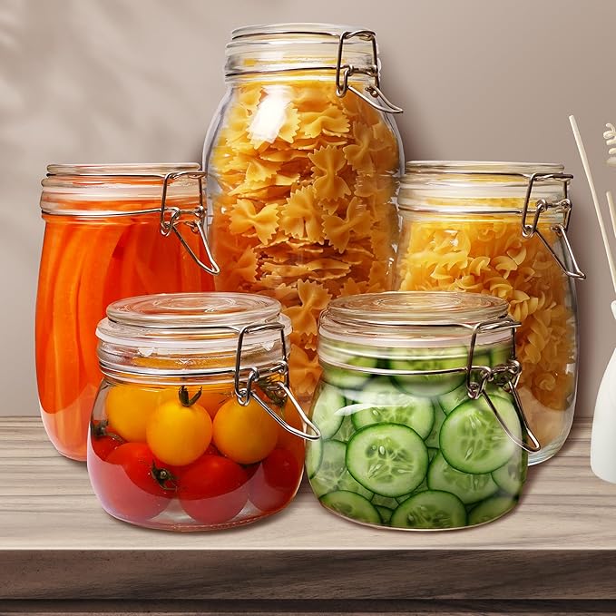Glass Jars with Airtight Lid Set of 6, 17 floz Wide Mouth Mason Jars with Clamp Lids,Glass Sealed Jars with Air Tight Lids, Best for Kitchen & Pantry Food Storage