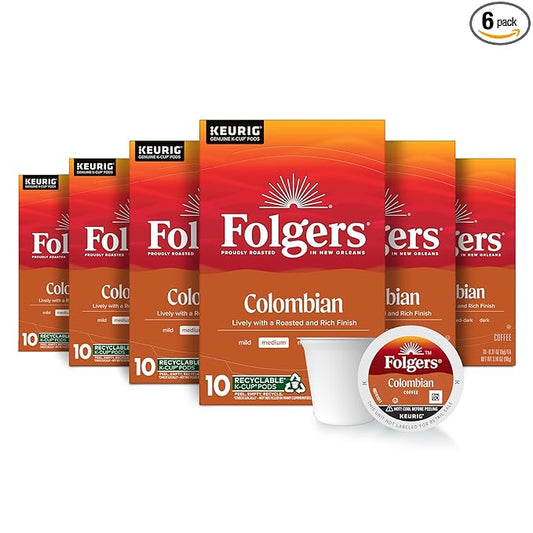Folgers Colombian Coffee, Medium Roast, Keurig K-Cup Pods, 10 Count Box (Pack of 6)