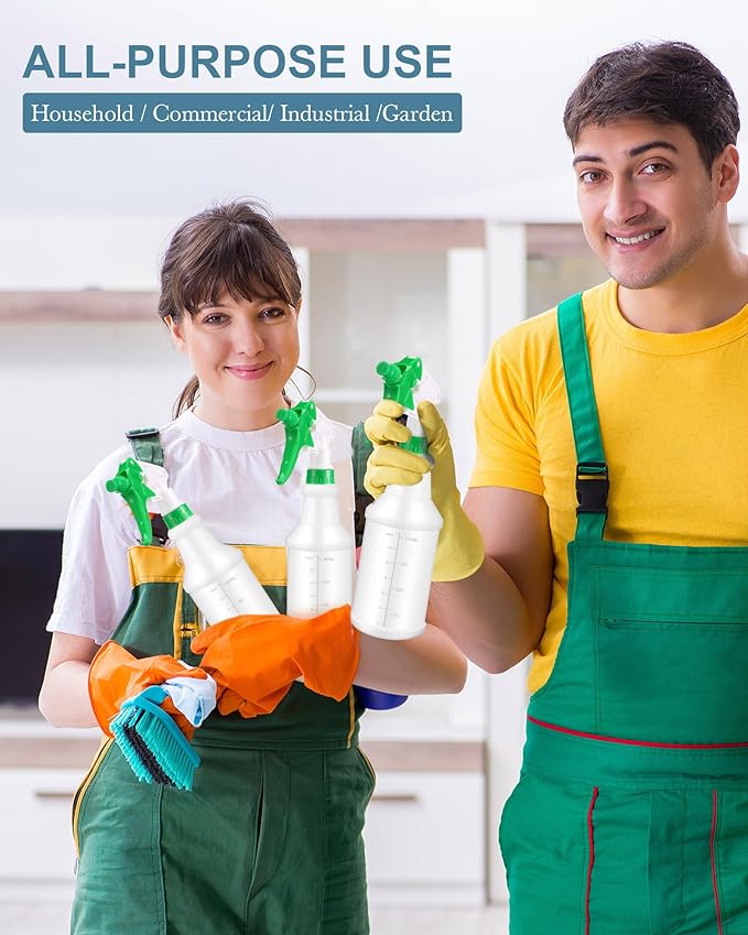 Eccliy 20 Pack 16oz Empty Spray Bottles, Leakproof Cleaning Bottles with Measurement and Adjustable Nozzle for Housekeeping, Commercial Use(Cylinder,Green Spray Head)