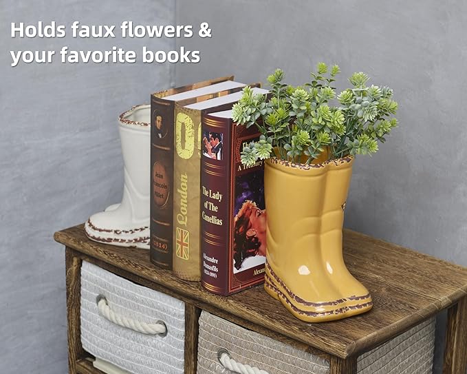 Quoowiit Ceramic Rustic Farmhouse Boot Vase, Yellow Distressed Flower Vase for Home Decor, Decorative Vases for Centerpiece Table Decorations, Vases for Living Room Kitchen Entryway Mantle Shelf Decor