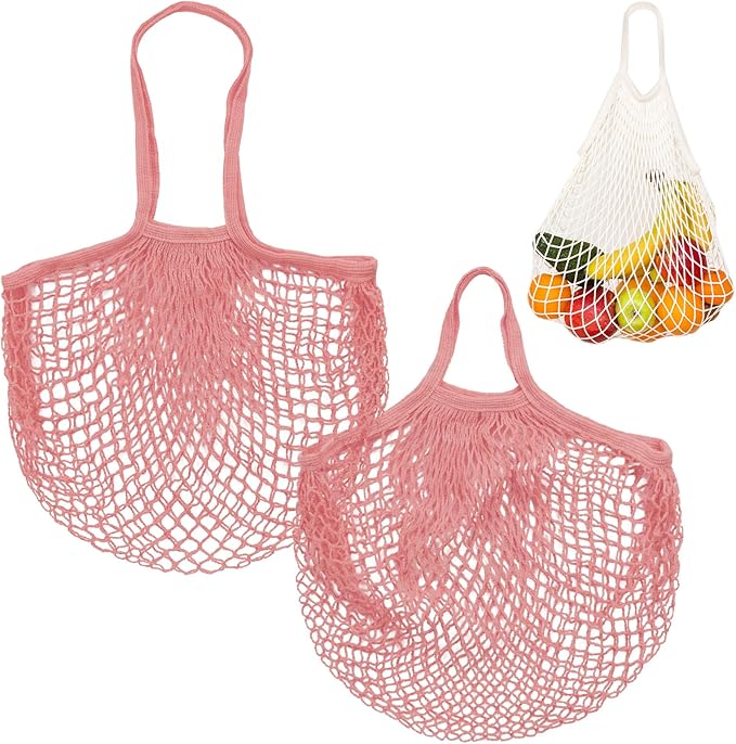 2-Pack Cotton Mesh Bag, Reusable Washable Mesh Net String Grocery Bags, Reusable Produce Bags with Handle, Net Tote Bag for Fruits Shopping [Pink-Gray, Long&Short Handle]