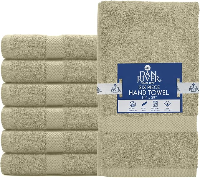 DAN RIVER 6-Pack Premium Hand Towels (16x28 Inches) - 100% Cotton, Ultra Soft, Lightweight, Highly Absorbent Towels for Bathroom, Spa, Gym, Salon, Hotel, and Travel - 550 GSM – Beige
