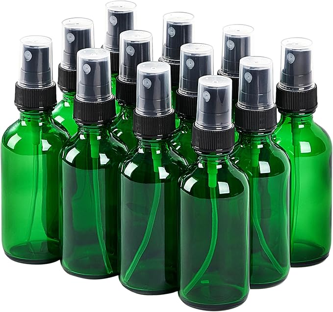 2 oz Glass Spray Bottles, Reusable Fine Mist Sprayer Small Spray Bottle, Leak-Proof Design, Perfect for Travel, Skin Care, Perfumes, Botanical, Cleansing (Green, 2oz-12pcs)