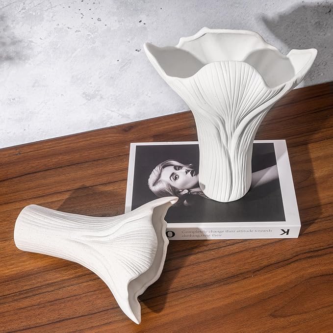 Ceramic Vase Set of 2 - White Tree Bark Textured Vases for Modern Farmhouse & Centerpiece Decor, Nature-Inspired Flower Vase for Home, Office, Wedding (Gift Ready)