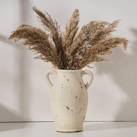 Large Ceramic Rustic Vase with 2 Handles, 9.8 inch Farmhouse Distressed Flower Vase for Home Decor, Living Room, Shelf Decor, Pampas Grass, Enterway, Table Decoration, Gift, White