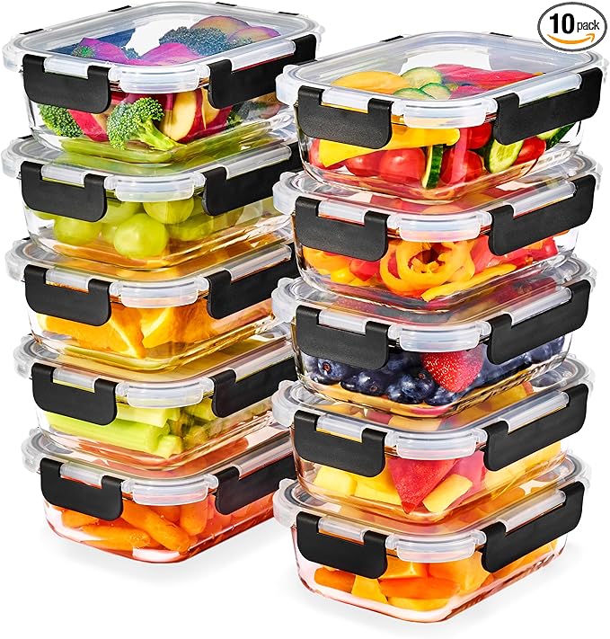 Sorbus 20pc Glass Meal Prep Containers Set – 10 Glass Food Storage Containers (21.3oz, 2.6 Cups) with Airtight Lids – Freezer, Dishwasher, and Oven Safe – Reusable Containers for Meal Prep and Storage