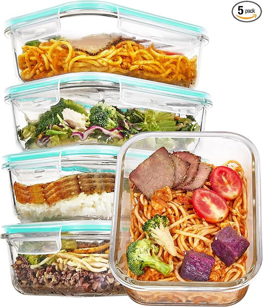 Vtopmart 5 Pack 35oz Glass Food Storage Containers with Lids, Meal Prep Containers, Airtight Reusable Lunch Container Set, Safe for Oven, Microwave, Freezer, and Dishwasher, Green