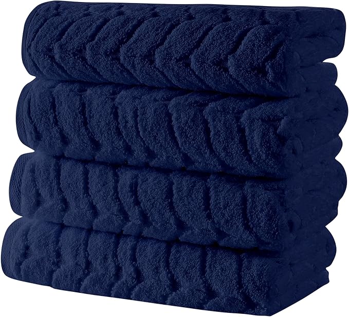 BAGNO MILANO Turkish Bath Towels, Soft Plush Jacquard Luxury Bath Towels, Quick Dry Towel Set (Navy, 4 Pcs Hand Towel Set)