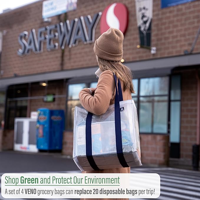 VENO 4 Pack Reusable Grocery Bags, Heavy-Duty Shopping Bags with Handles, Bags for Shopping Cart with Hard Bottom to Stand Upright, Foldable, Multi-Purpose(Clear, 4 Pack)