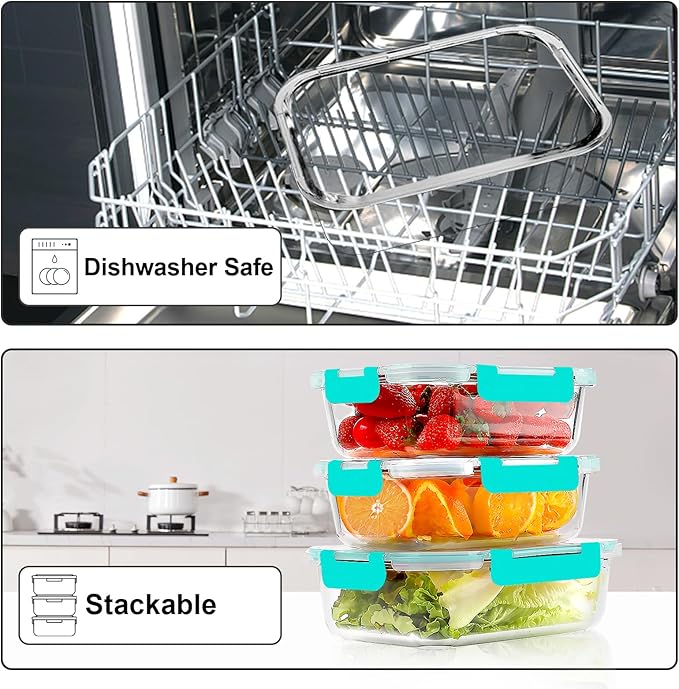 VERONES 10Pack 22OZ Glass Meal Prep Containers, Airtight Glass Lunch Containers Set, Glass Food Storage Containers with Lids,Exclusive of BPA, for Microwave, Oven, Freezer&Dishwasher Friendly,Green