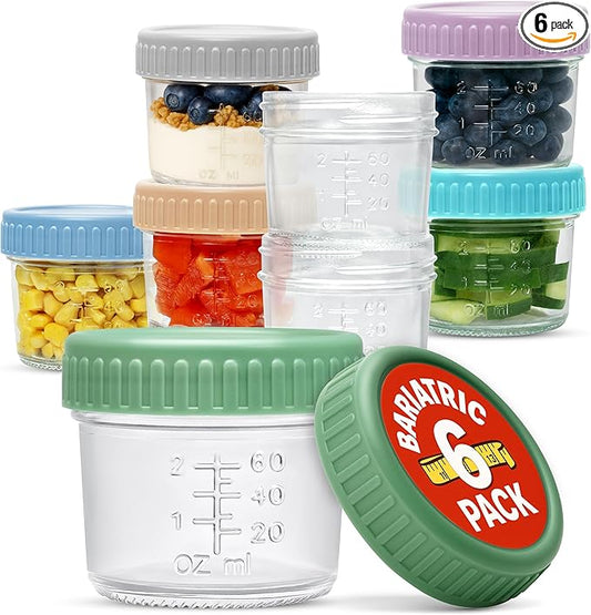Stock Your Home Glass Bariatric Portion Control Containers (6 Pack), 4 oz Mini Food Storage Jars with Leakproof Lids, Color Coded Meal Prep Containers for Bariatric Meals, Snacks and Baby Food