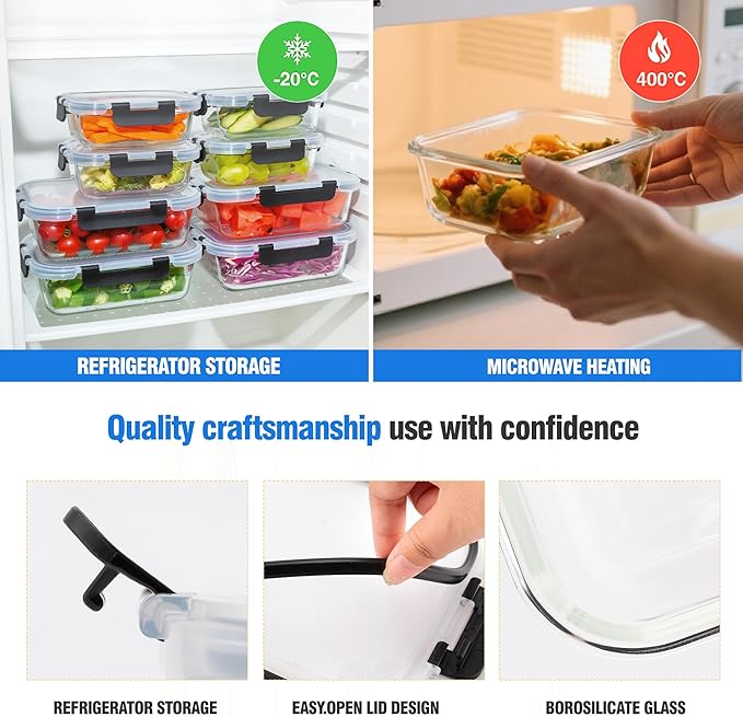 5-Piece Set, 36 oz Glass Meal Prep Containers with Snap-Lock Lids, Airtight Lunch Containers, Microwave, Oven, Refrigerator & Dishwasher Safe,Black