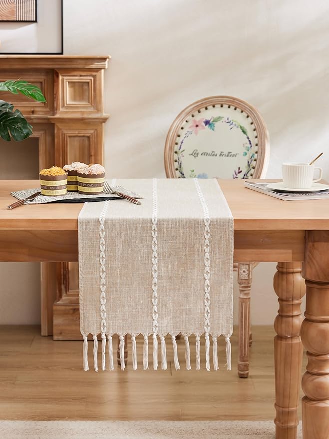 Braided Farmhouse Table Runner,Braided Taupe 13x90 Inch, Cotton Linen Table Runners 90 Inches Long, Embroidered Striped Taupe Boho Table Runner Rustic Home Decor ﻿