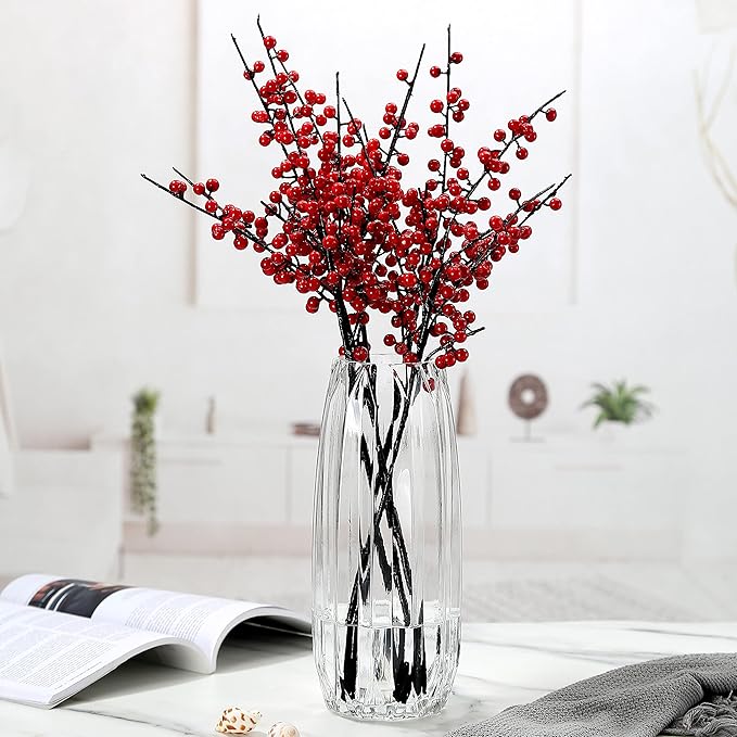 Modern Ribbed Glass Vase for Flowers, Candles and Decorative Accents - Black, Grey, Amber, Clear and Colored Tall/Short Vase for Centerpieces and Home Table Decor (Clear, H-11.8inch)