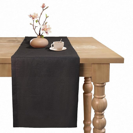 Small Coffee Farmhouse Table Runner for Fall, Thanksgiving, Christmas, and Winter - Athena - 100% Pure Linen - 14 x 48 Inches - Black