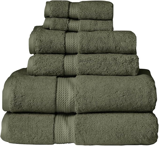 BNM Egyptian Cotton 6-Piece Towel Set, Includes 2 Face Towels, 2 Hand Towels, and 2 Bath Towels, Attached Loop for Easy Hanging and Storage, Hotel Quality, Perfect for Bathroom or Spa, Forest Green