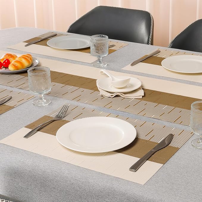 Placemats Set of 4, Vinyl Woven Place Mats Indoor Set of 4 Washable Wipeable PVC Table Mats Heat-Resistant Non Slip Placemat for Kitchen Dining Outdoor Table (Beige Light Brown, Set of 4)