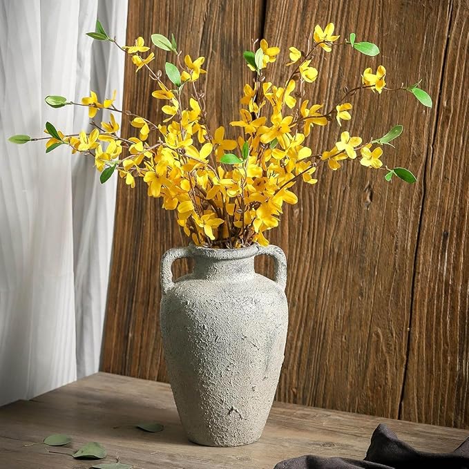 Rustic Vase for Flowers, Ceramic Christmas Terracotta Vase with Handles, 8.85 inch Tall Vintage Farmhouse Flower Vase for Home Decor, Wide Mouth, Living Room Shelf Decor, Enterway, Table