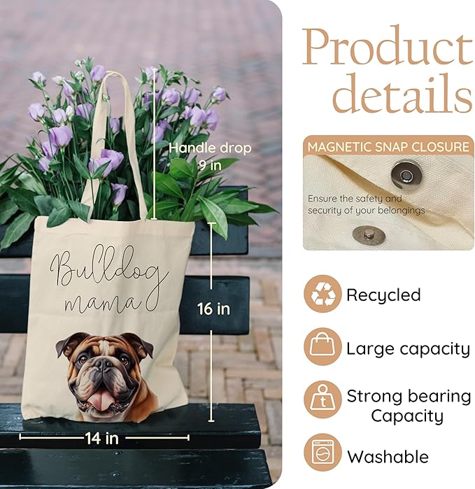 Bulldog Mama Tote Bag – Cute English Bulldog Dog Lover Canvas Bag, Reusable Shopping Shoulder Bag for Women, Pet Mom Gift, Everyday Grocery & Travel Tote.018