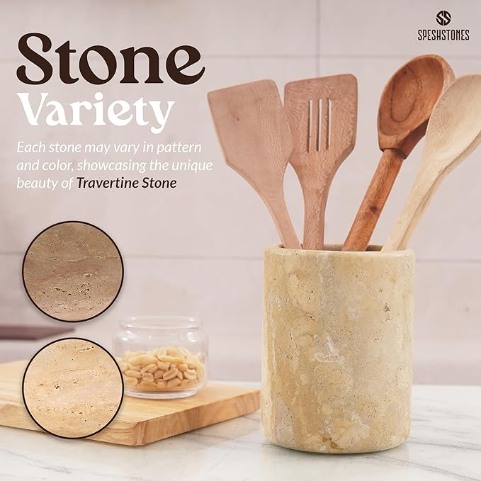 Marble Utensil Holder 6.5 Inch Wooden Cooking Utensils Set & Spatula Organizer for Kitchen Counter Decor - Travertine Utensil Crock & Stone Caddy for Spoon Holder & Modern Farmhouse Decor