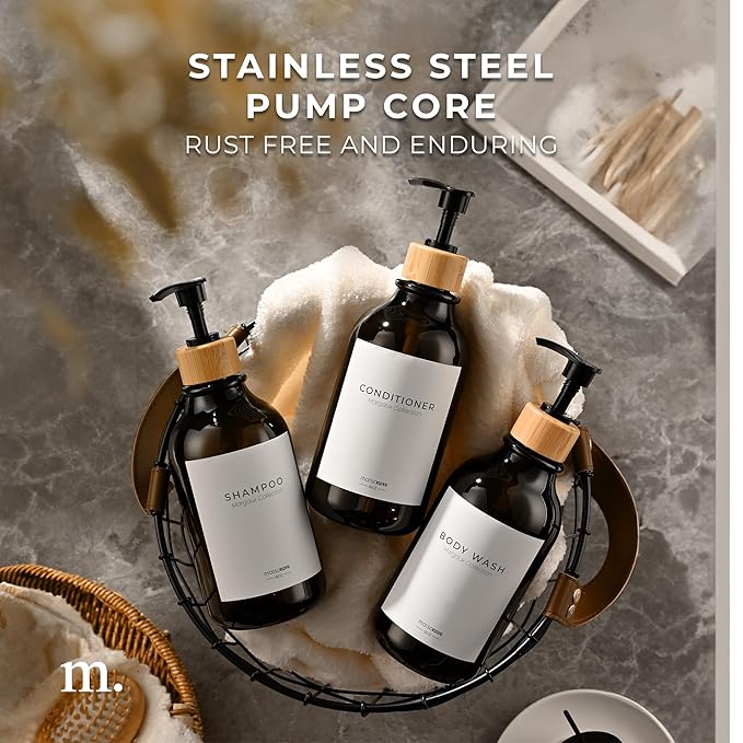 MaisoNovo Refillable Shampoo and Conditioner Bottles | 16.9 fl oz Set of 3 Amber Plastic Bottles Black Bamboo Pumps