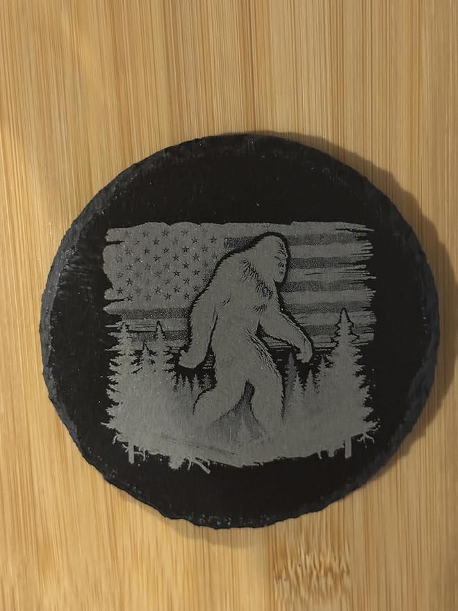 Slate Coasters with Bigfoot American Flag Wilderness Design, Round Stone Coaster Set, 4 Pack
