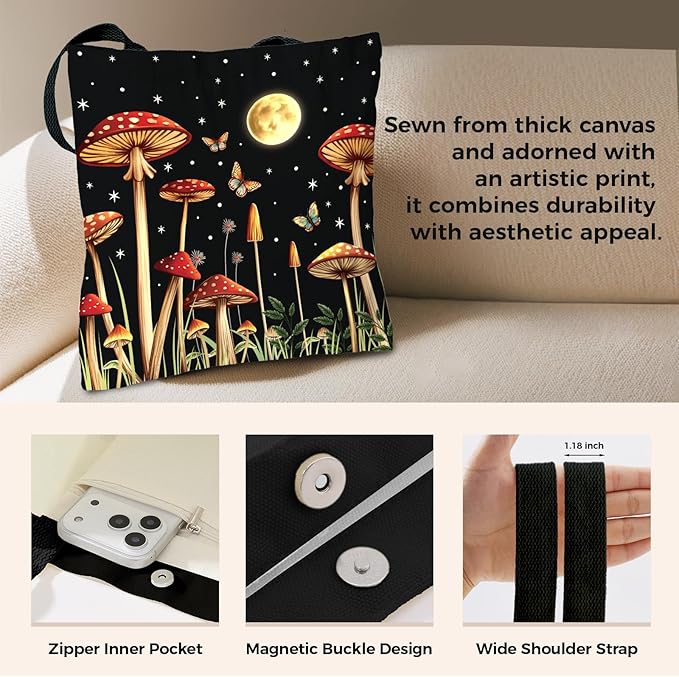 Cute Aesthetic Canvas Tote Bag for Women, Reusable Foldable Shopping Cotton Shoulder Totebag with Zipper Pocket