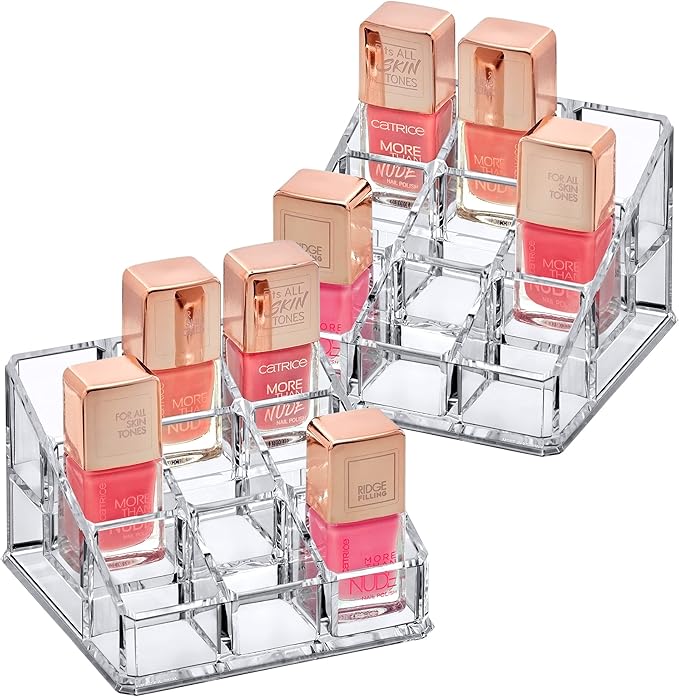Amazing Abby - Glamour - 2-Pack 9-Slot Acrylic Nail Polish Organizer, Lipstick Holder, Lip Gloss Organizer, Cosmetic Storage Display, Perfect Storage Solution for Drawer, Vanity, Bathroom, and More