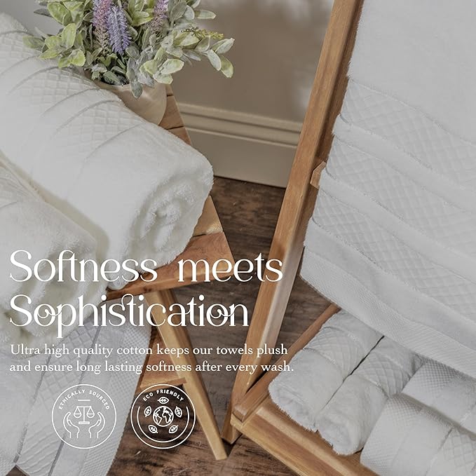 Premium Towel Set: Super absorbent, quick-drying, soft, plush. Features hanging loop, fade-resistant, eco & skin-friendly dyes. Luxury dobby design for bath or spa. (white, Bath Towel Set of 4)