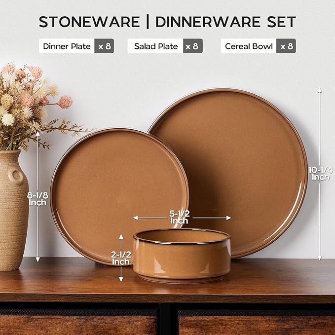 Onader Dinnerware Dishes Sets for 8, Stoneware Plates and Bowls with Unglazed Terracotta Bottom, Ceramic Kitchen Dinner Dish Set 24 Piece - Earthy Umber