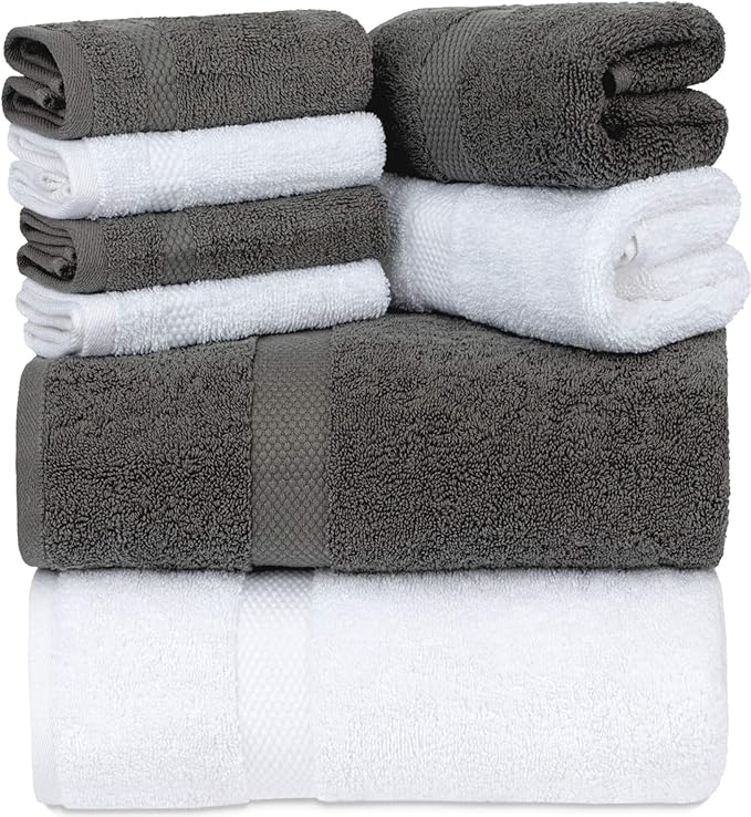 Luxury Bath Towel Set of 8 Pieces - 100% Turkish Cotton Highly Absorbent Towels for Bathroom, 2 Luxury Bath Towels 700GSM, 2 Hand Towels, 4 Washcloths, Gray White