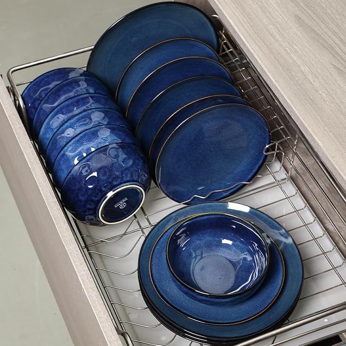 Vicrays 12-Piece Ceramic Dinnerware Set, Dinner Plates, Salad Plates & Cereal Bowls, Dish Set for 4, Microwave, Oven & Dishwasher Safe, Scratch Resistant, Blue