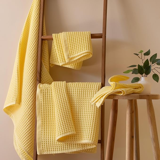 PÜSKÜL - Premium Waffle Towel Set 4 Pieces Yellow - Organic 100% Turkish Cotton Quick-Dry Towels for Bathroom Made in Turkiye (Light Yellow, Towel Set - 2 Hand & 2 Bath Towels)