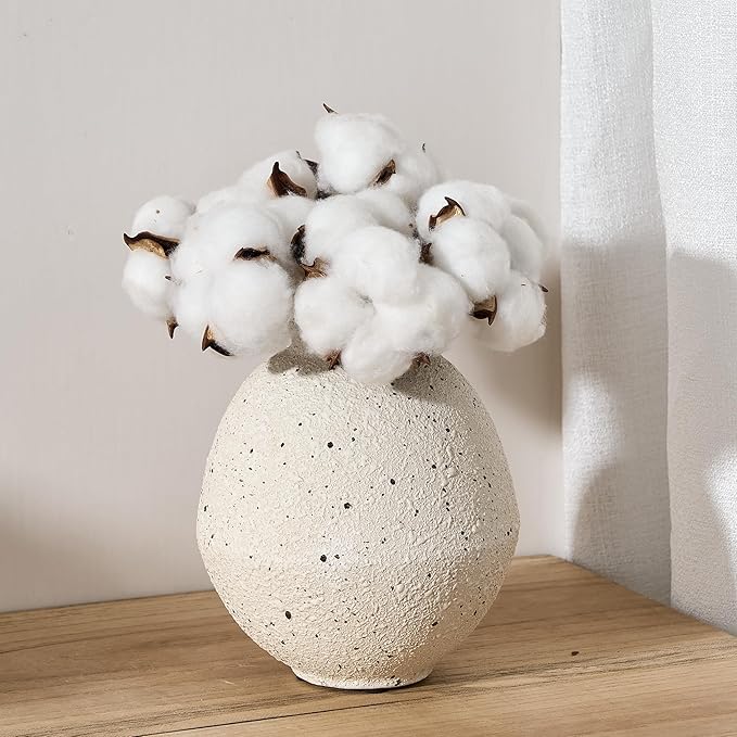 Ceramic Flower Vase, 6.22 Inch Rustic Farmhouse Vase Home Decor, Handcrafted Vintage Pottery Vase, Small Terracotta Vases for Living Room, Table, Shelf, Fireplace, Off-White