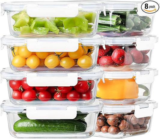 8 Pack 36oz Large Glass Meal Prep Containers with lids, Glass Food Storage Containers with Leak Proof Snap Lock Lids , Airtight Bento lunch Boxes, Kitchen Storage, Oven and Dishwasher Safe-White